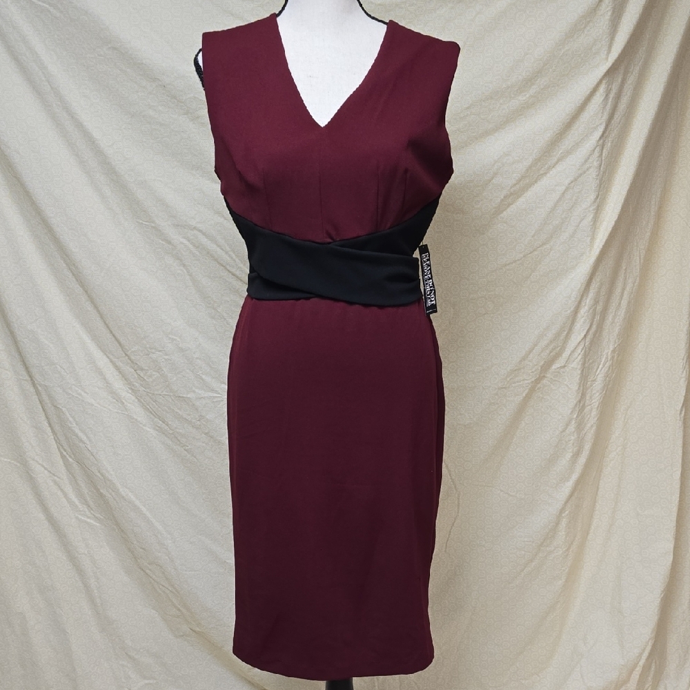 New York & Company Burgundy Midi Dress with Black Waist